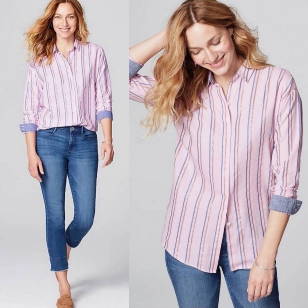 J. Jill Top Blouse Classic Button Long Sleeve Metallic Stripe Casual L